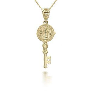 14K Solid Gold St. Saint Benito Key Pendant Necklace - Yellow, Rose, or White